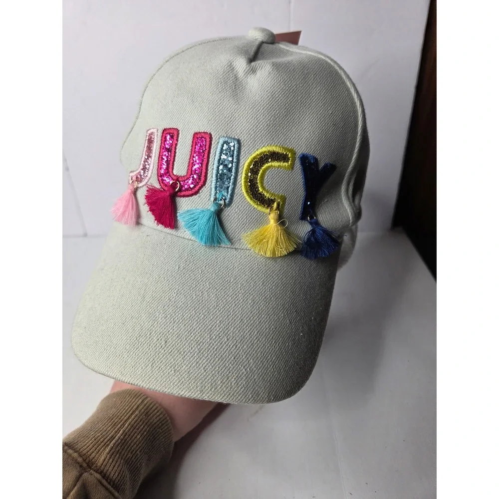 Juicy Couture Kids Grey Twill Baseball Cap Sequin Tassel‎ Logo Hat NWT